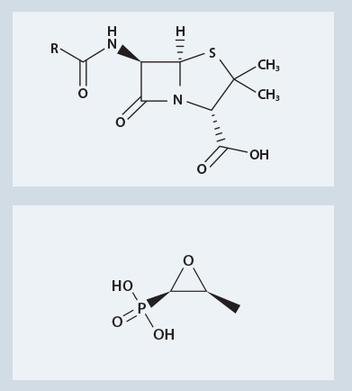 两种抗生素的化学结构：青霉素与磷霉素