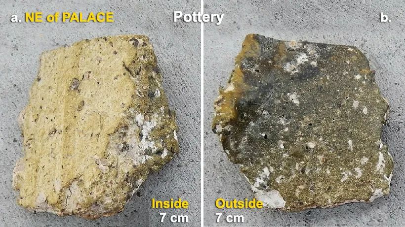 左图为塔哈曼遗址出土陶器碎片的内侧，右图为同一块碎片的外侧
