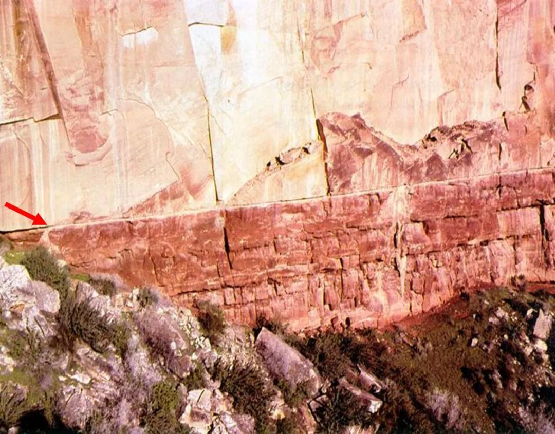 可可尼诺砂岩与下面岩层的交界极为平整（箭头所示），哪有“1千万年”的痕迹呢？