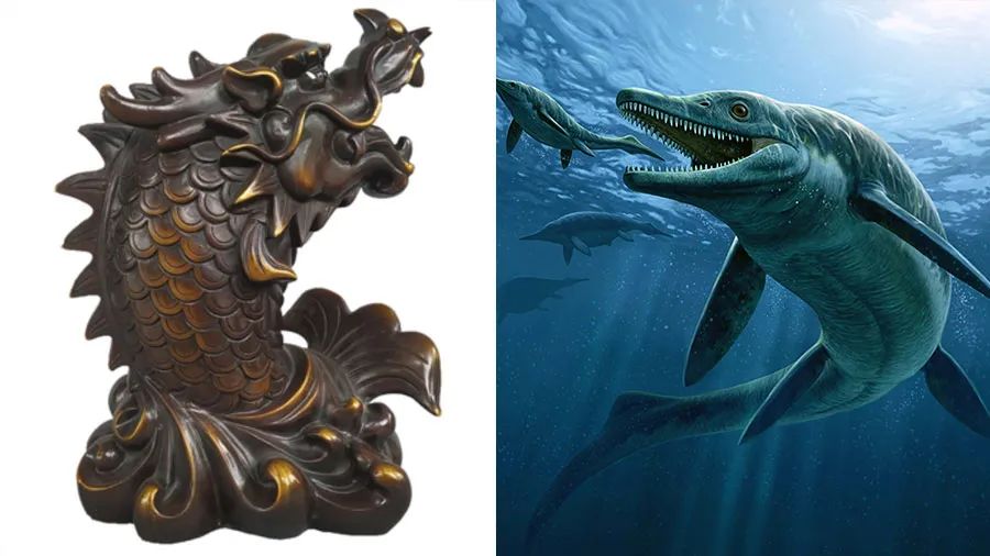 传说龙与鱼生下的有鳍的龙九子“螭（chī）吻”可能是水中的沧龙或其他水生恐龙