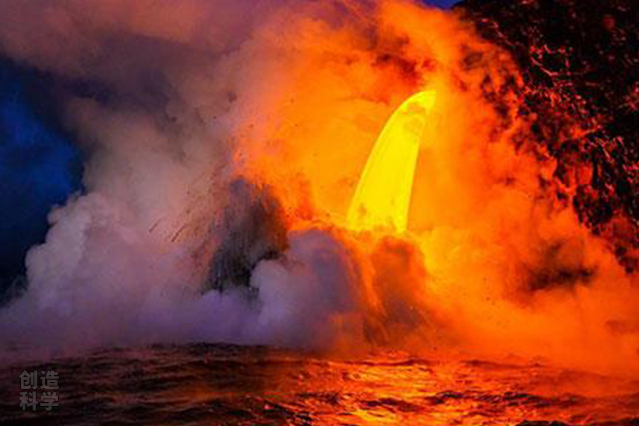 炽热的熔岩流入大海，令海洋升温。