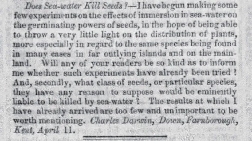 达尔文发表在《园丁纪事》上的关于盐水浸泡对种子影响的信息征集涵